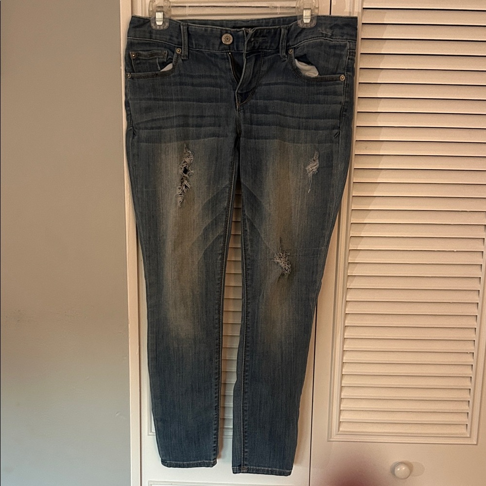 Express Women's Distressed Dark Blue Skinny Jeans